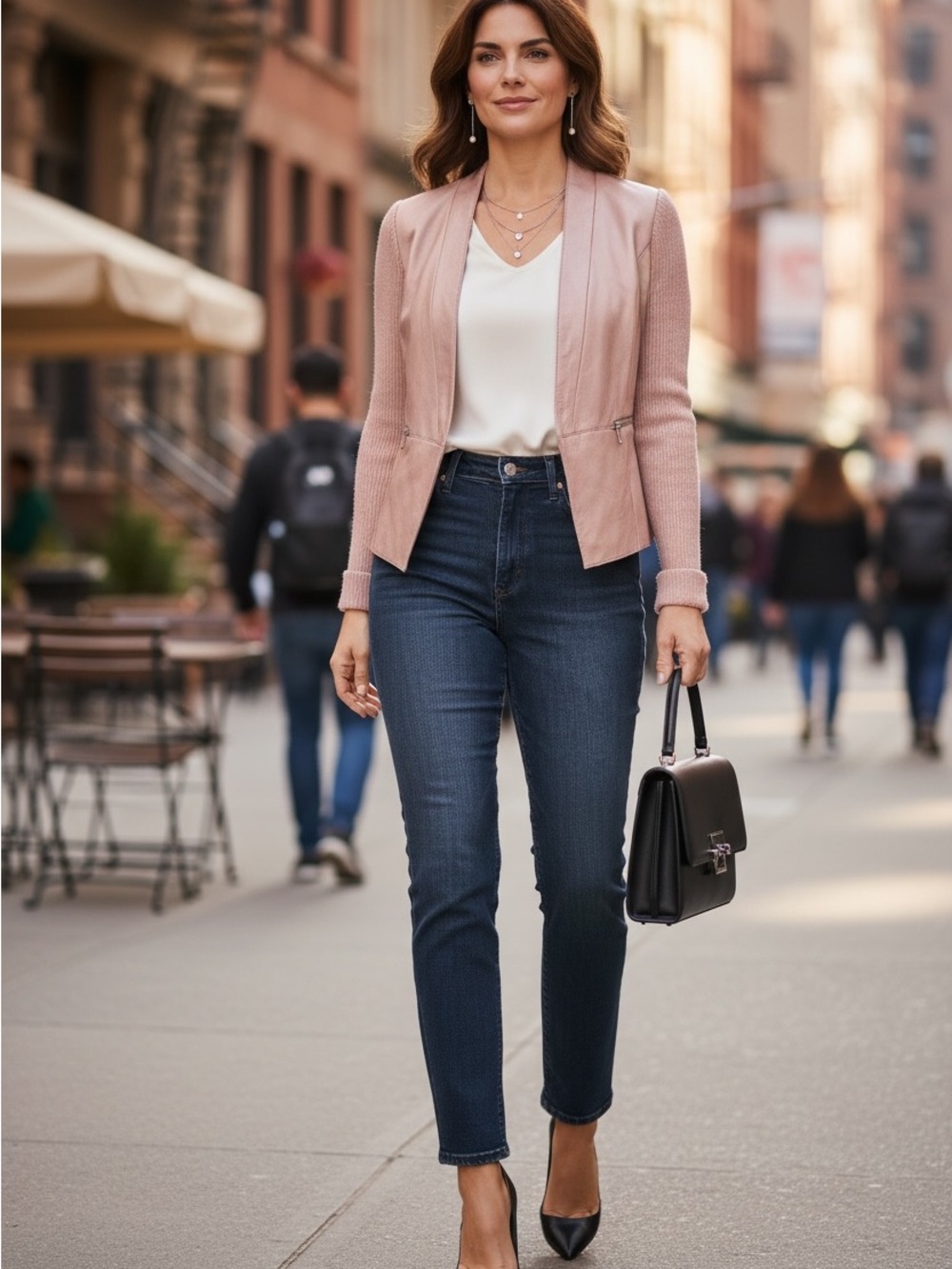 St. John Pearlescent leather blazer in a dusty pink color